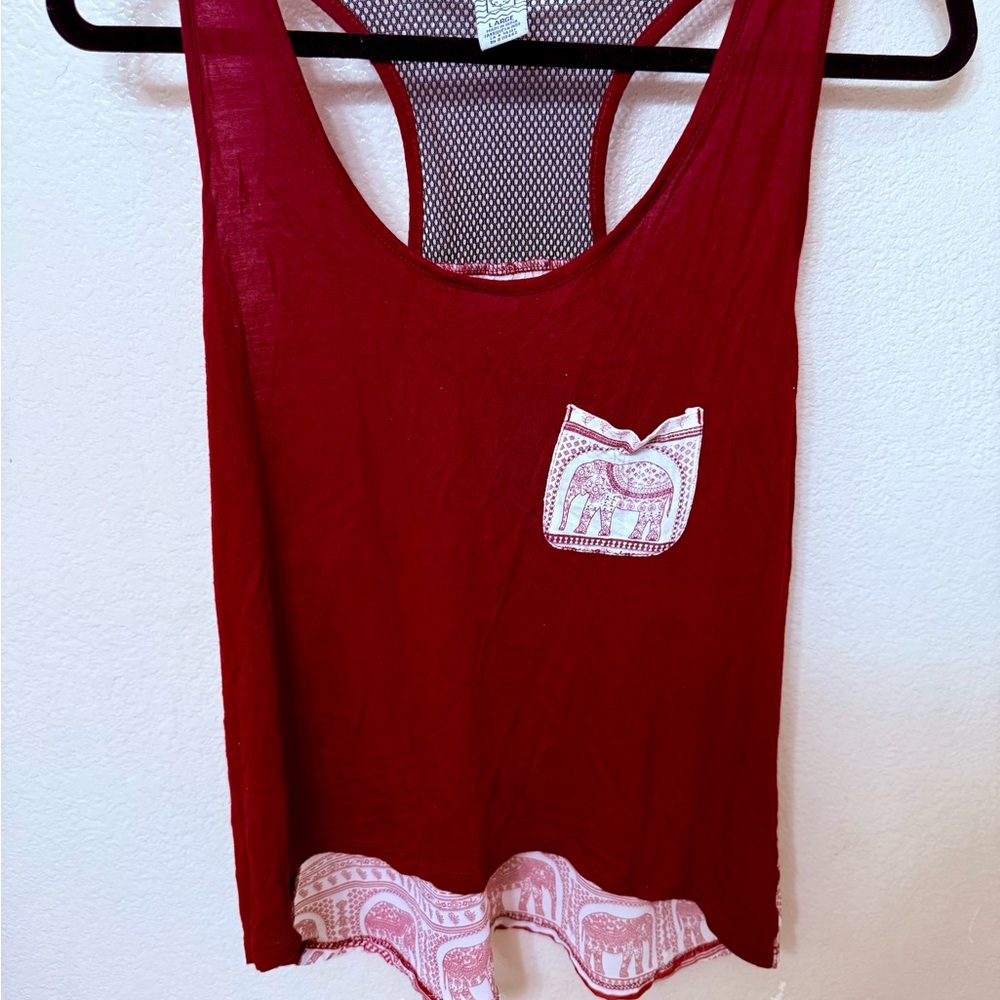 Emp Pre burgundy Elephant tank top w/ sheer back and mesh razor back tank boho